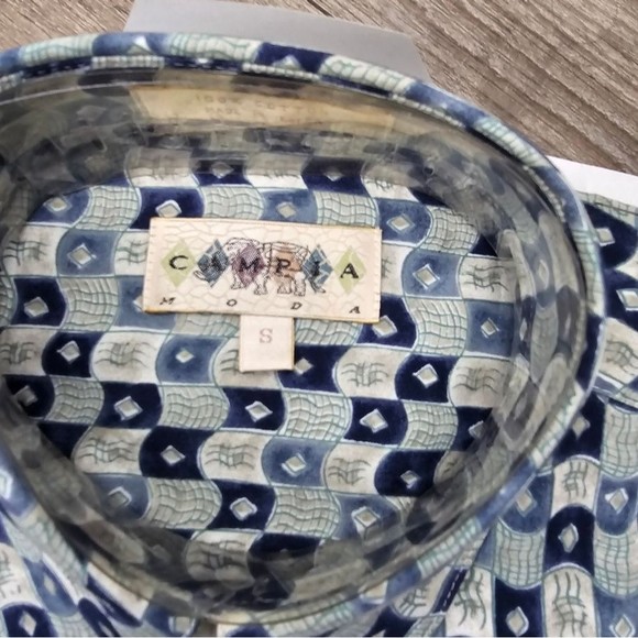 Campia Moda short sleeved button down, blue print  shirt size small - Picture 2 of 2